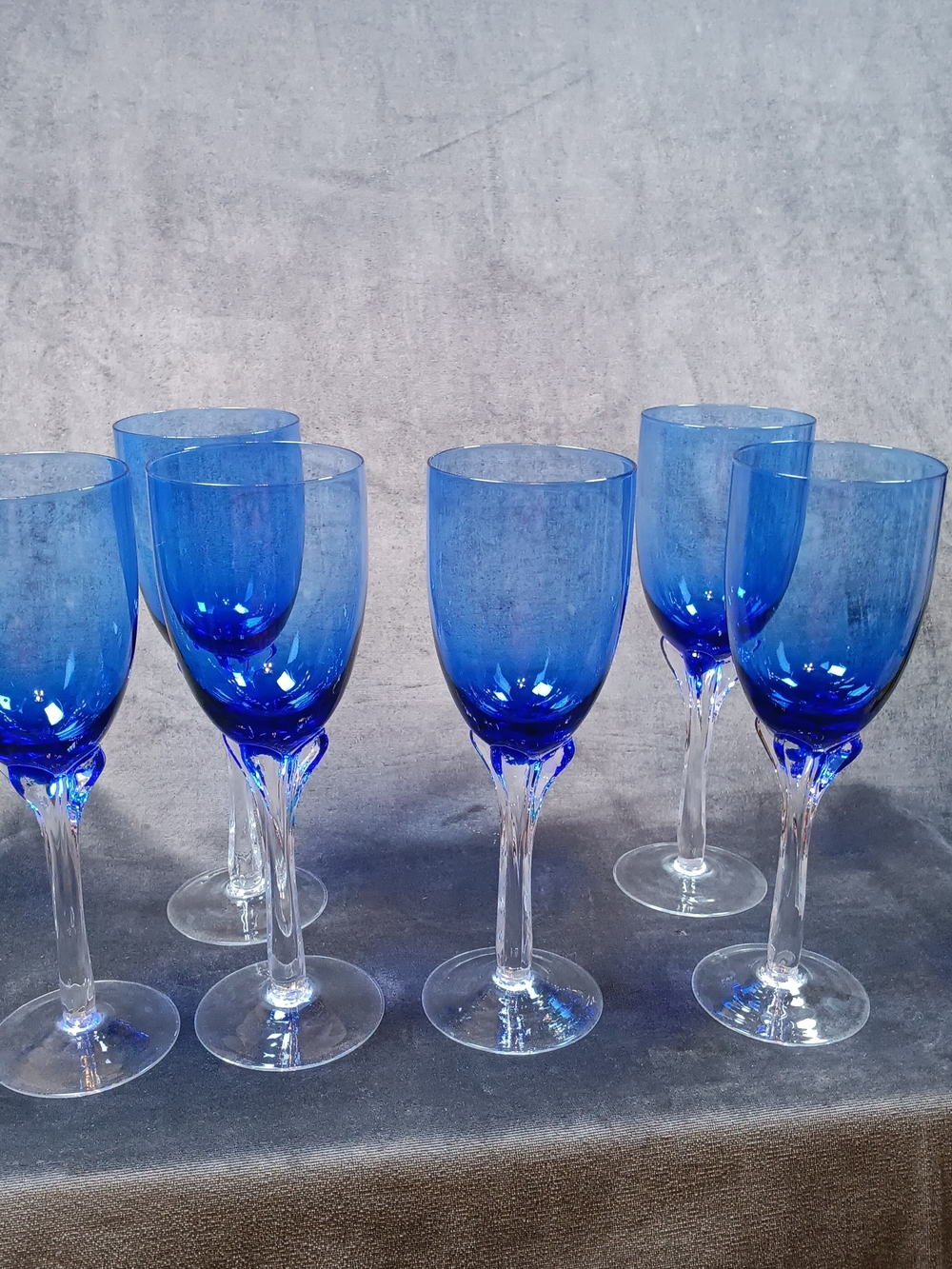 Murano Set of 6 Blue Hand Blown Stemmed Wine Glasses